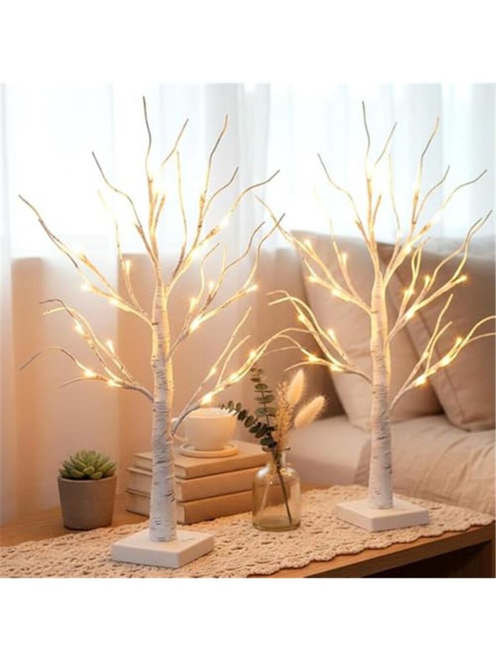 White Birch Tree LED Lights Set 2 Tabletop Timer Indoor Christmas Decor 2FT
